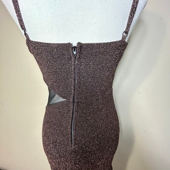 Trixxi Brown/Copper Shimmer Mini dress Size M With Mesh Side Detail - Picture 5 of 11